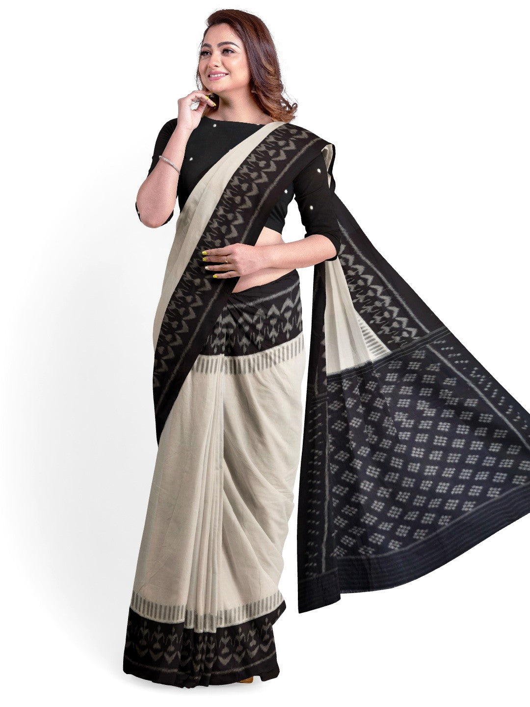 White and Black Cotton Ikat saree with cotton ikat blouse piece
