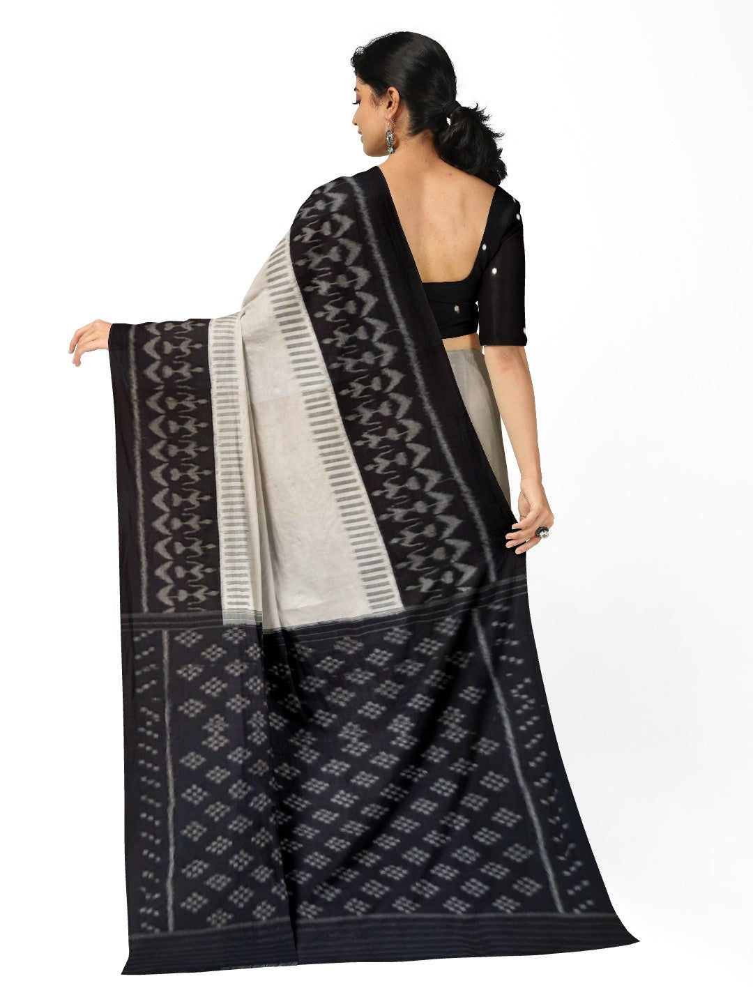 White and Black Cotton Ikat saree with cotton ikat blouse piece