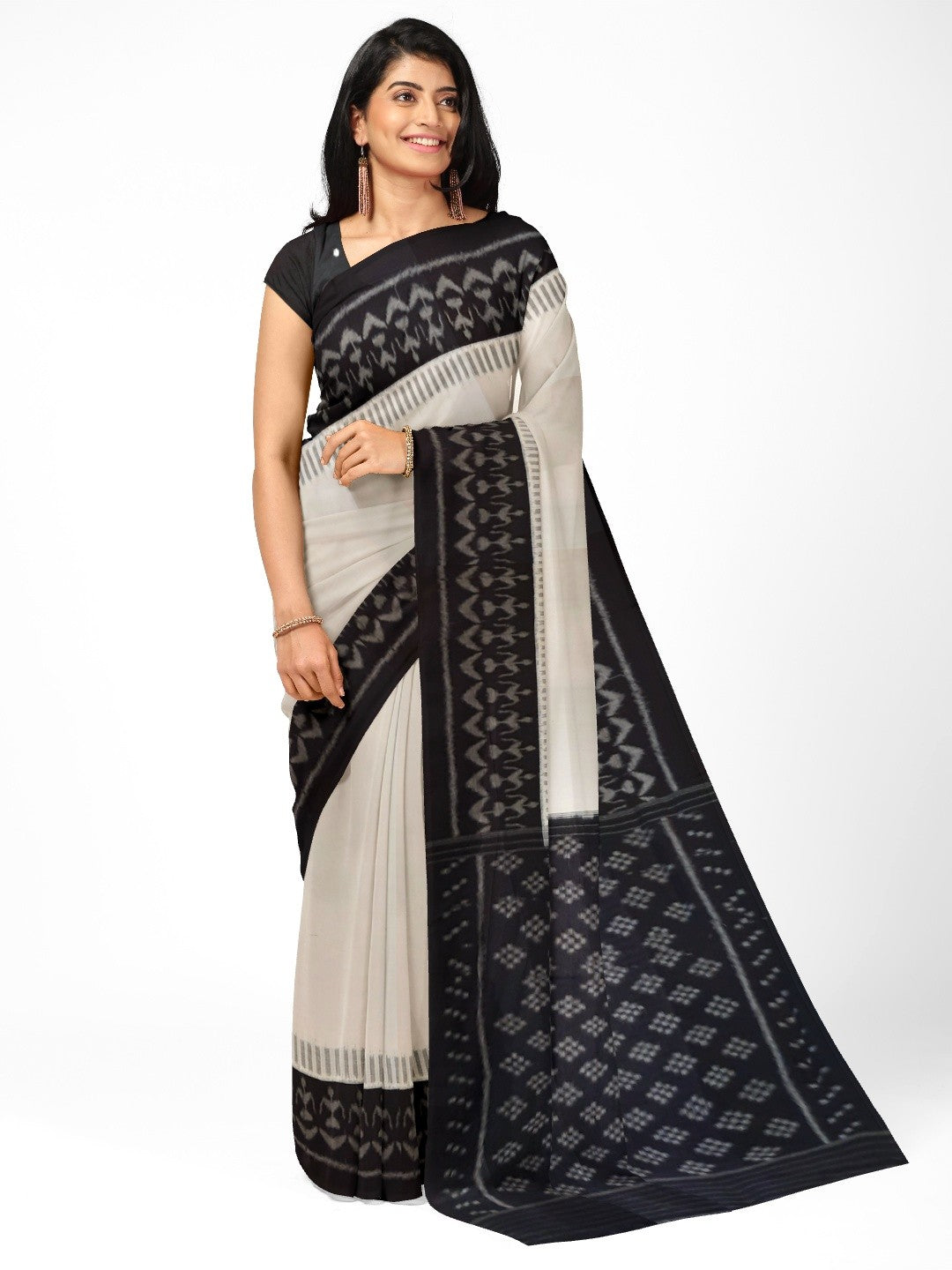 White and Black Cotton Ikat saree with cotton ikat blouse piece
