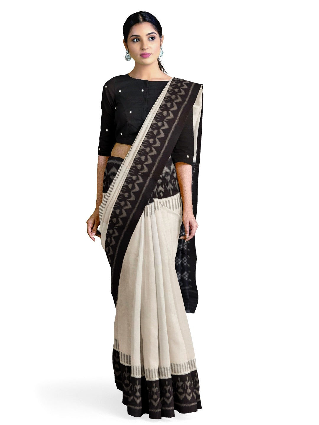 White and Black Cotton Ikat saree with cotton ikat blouse piece