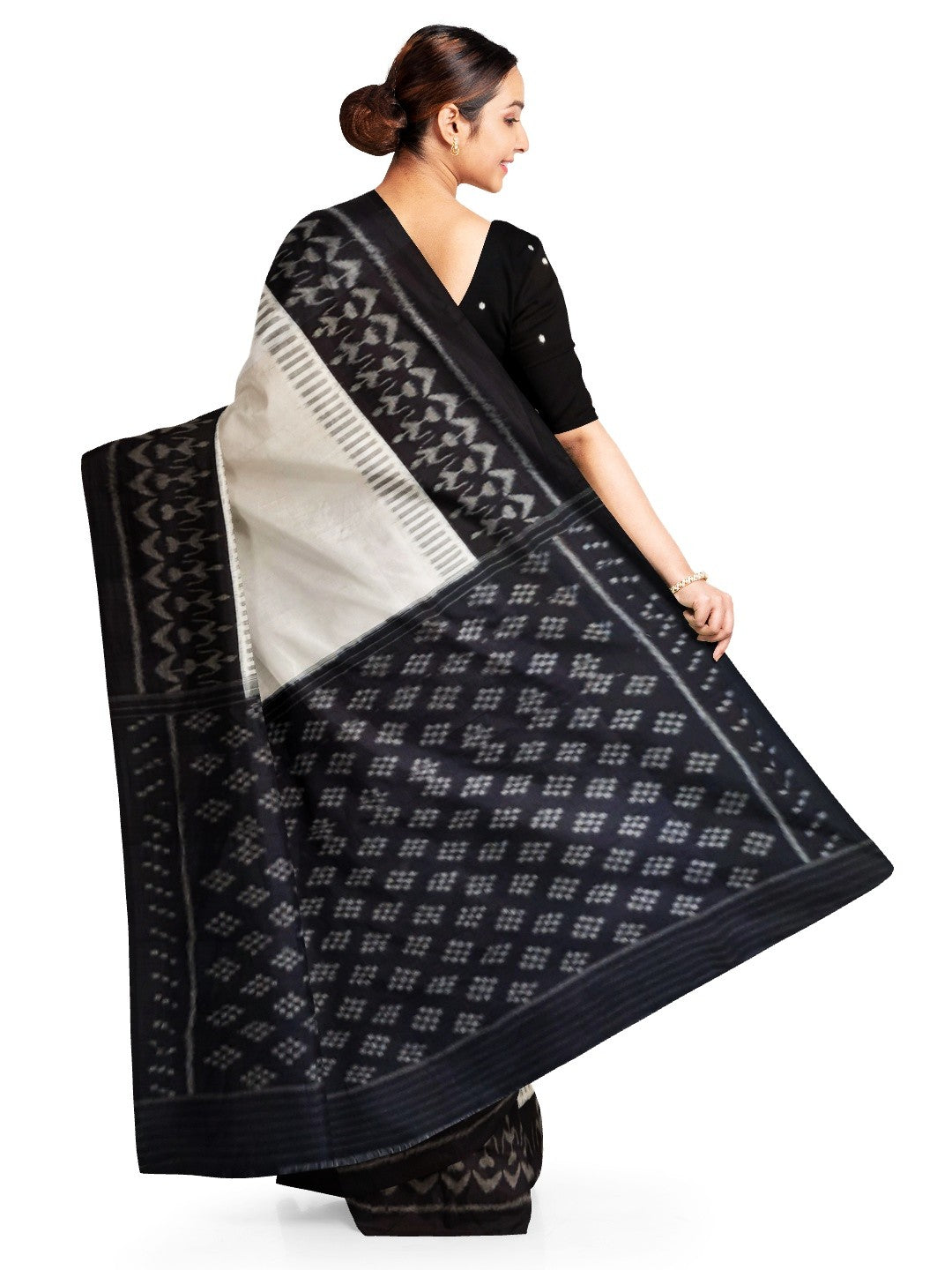 White and Black Cotton Ikat saree with cotton ikat blouse piece