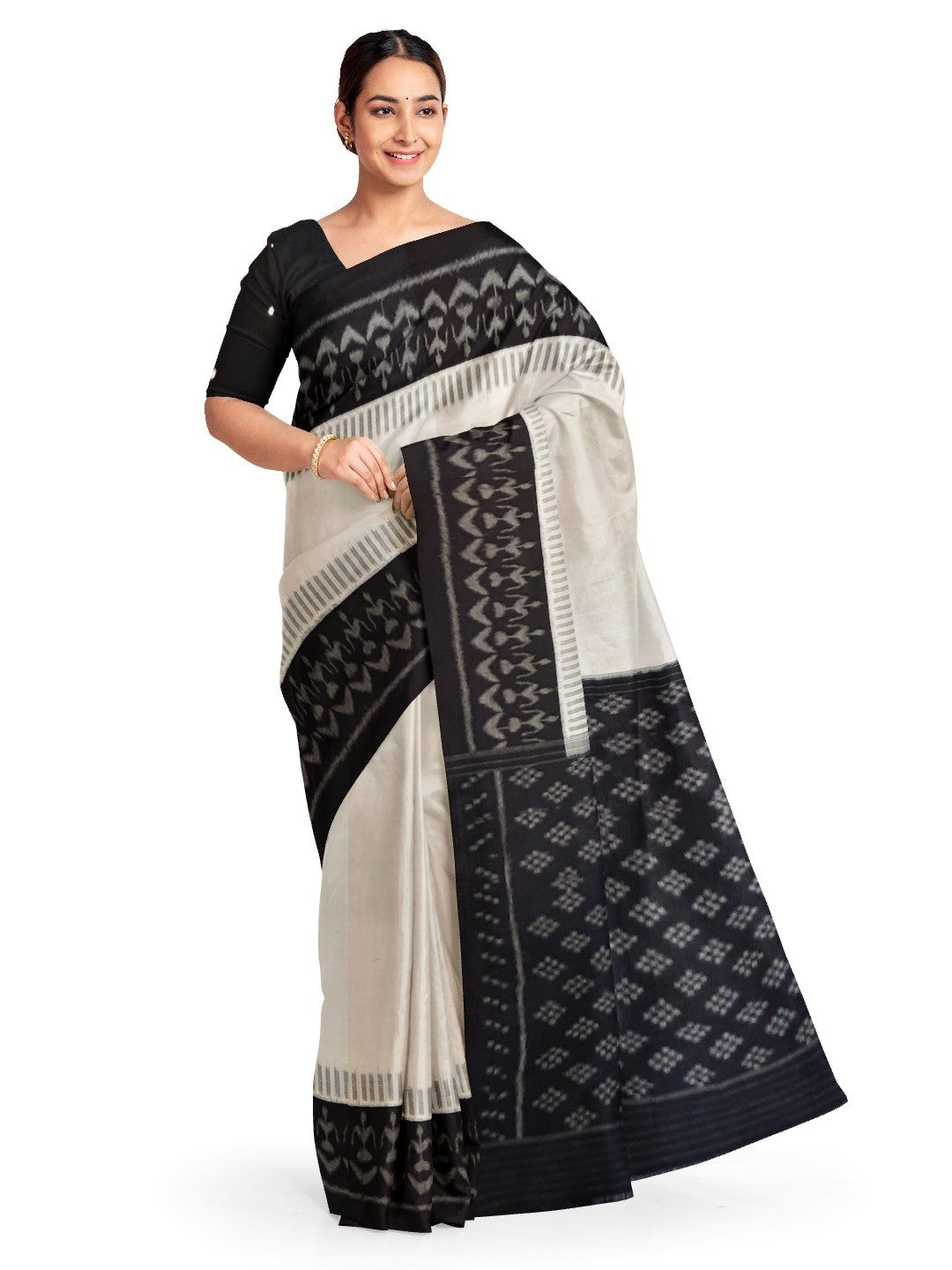 White and Black Cotton Ikat saree with cotton ikat blouse piece