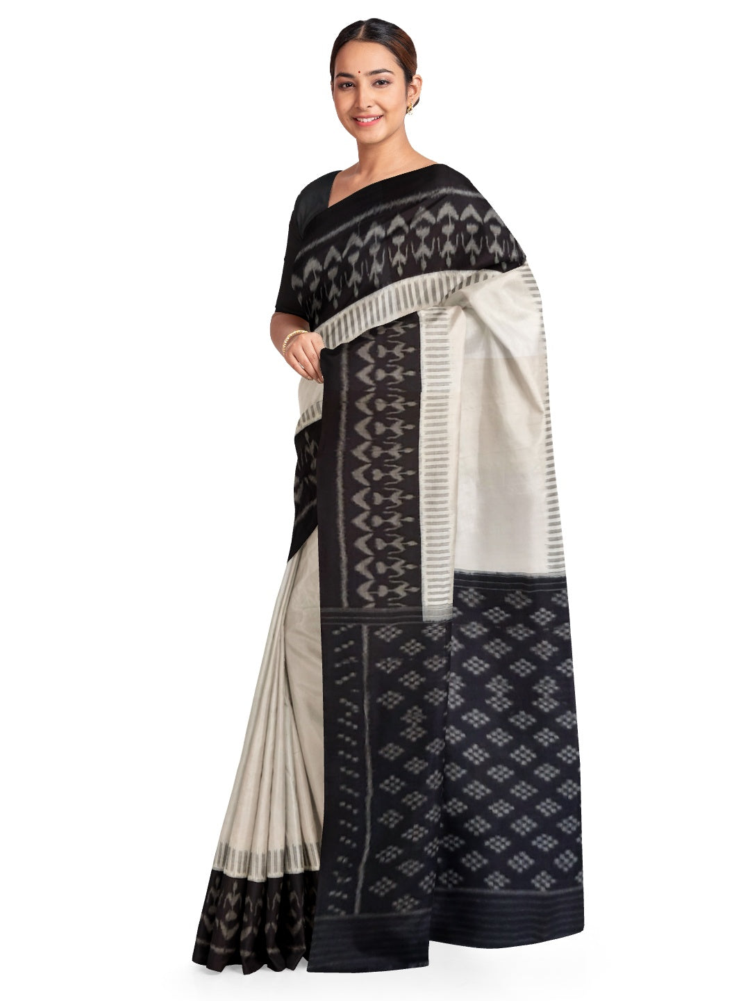 White and Black Cotton Ikat saree with cotton ikat blouse piece