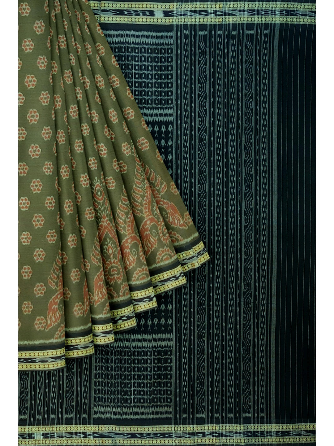 Olive Green Sambalpuri Cotton Saree with running blouse piece