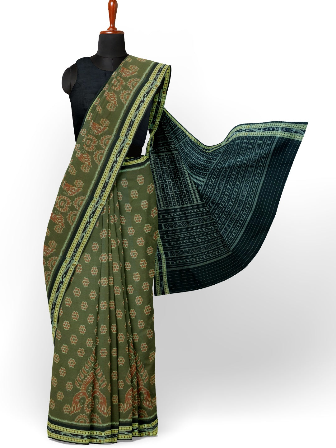 Olive Green Sambalpuri Cotton Saree with running blouse piece