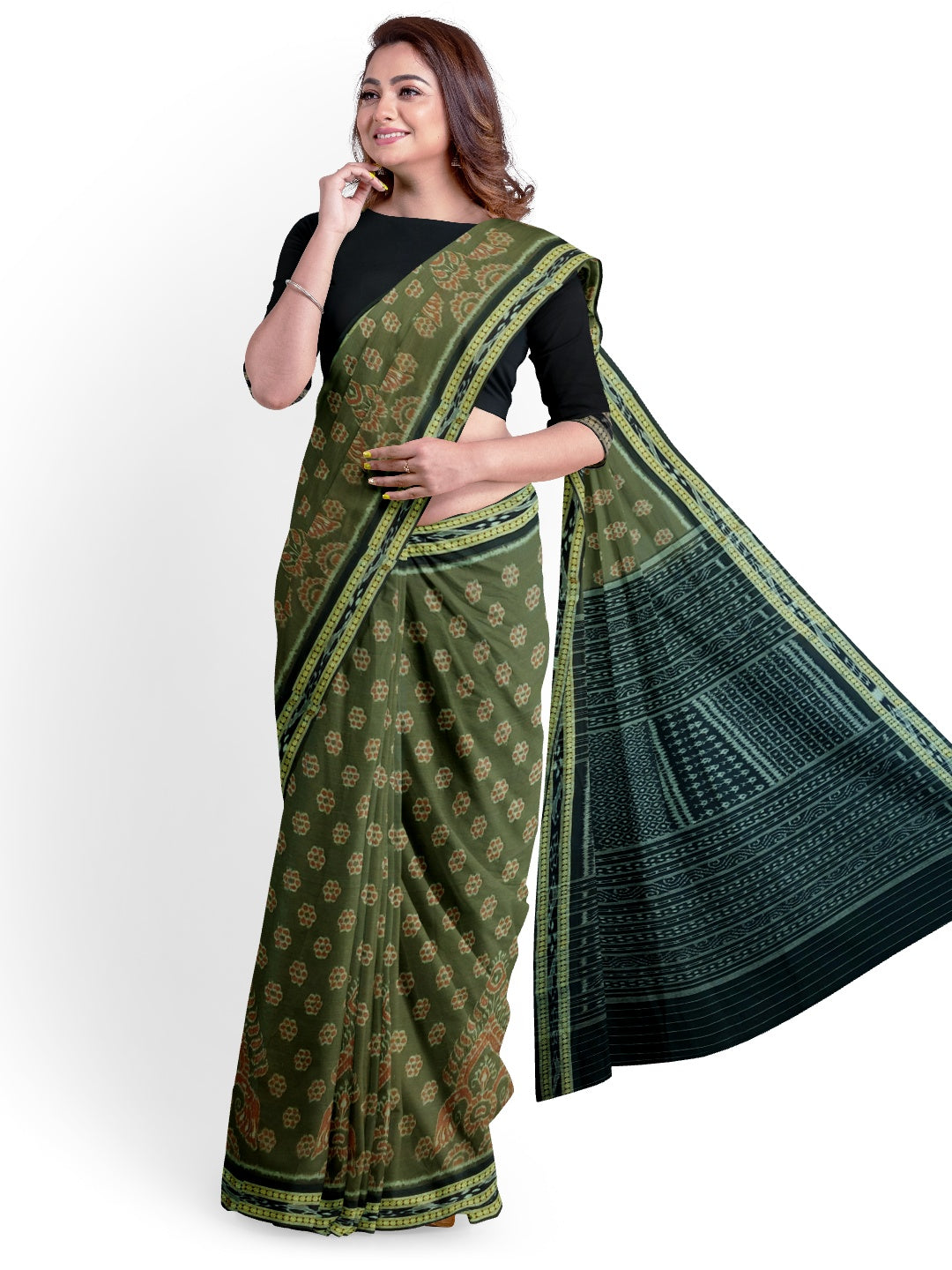 Olive Green Sambalpuri Cotton Saree with running blouse piece