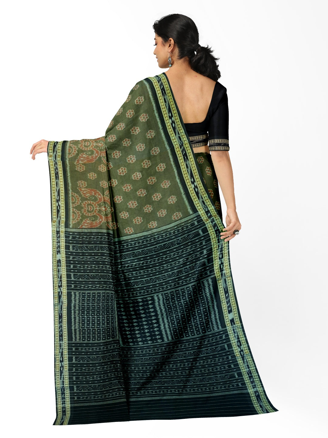 Olive Green Sambalpuri Cotton Saree with running blouse piece