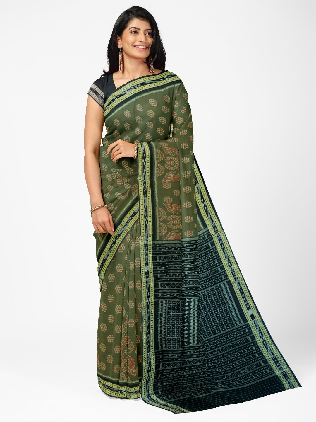Olive Green Sambalpuri Cotton Saree with running blouse piece