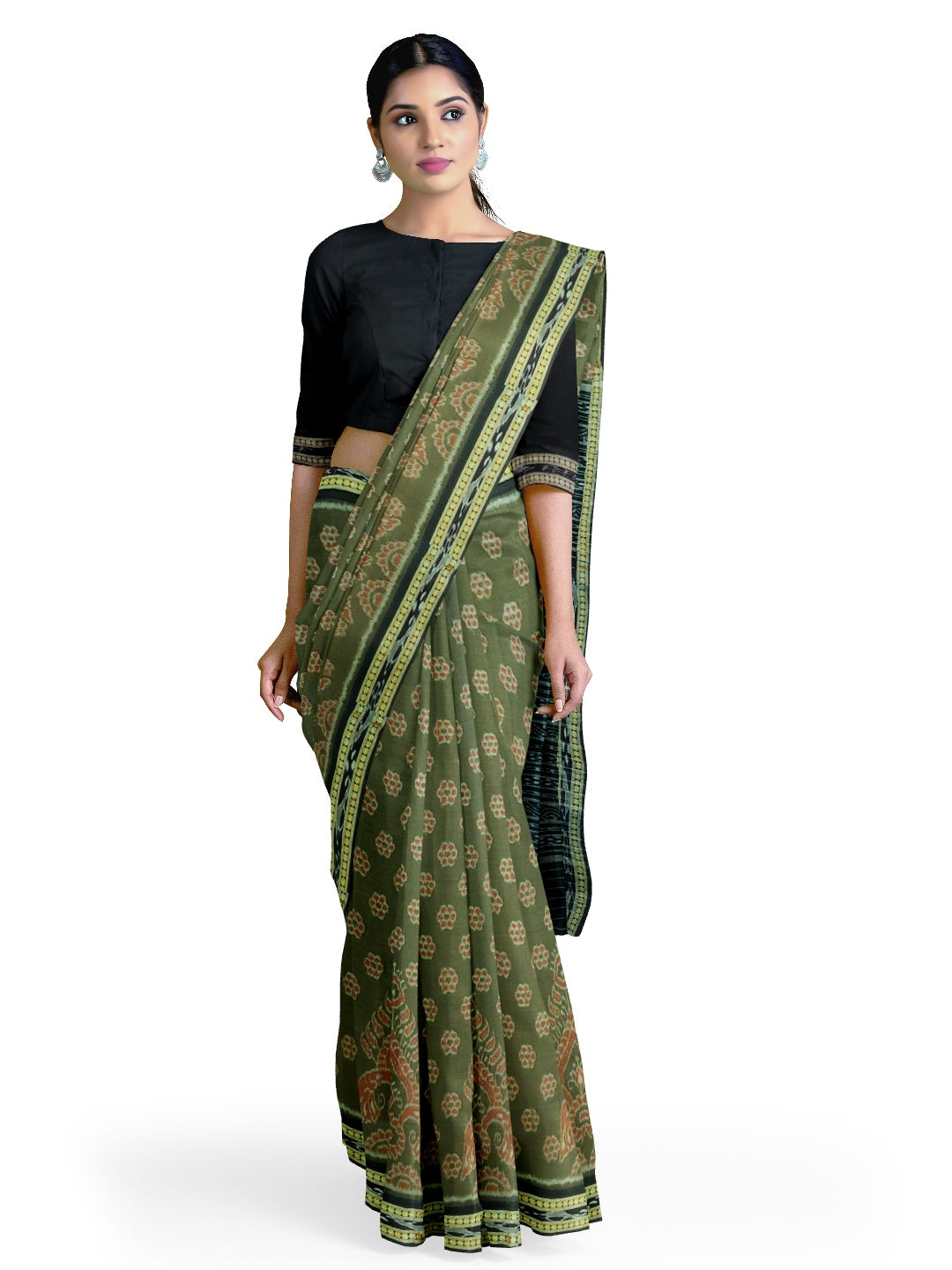 Olive Green Sambalpuri Cotton Saree with running blouse piece