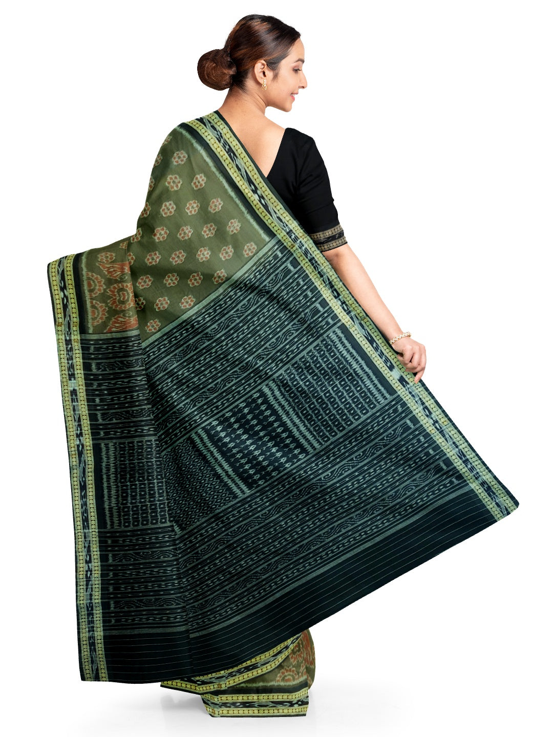 Olive Green Sambalpuri Cotton Saree with running blouse piece