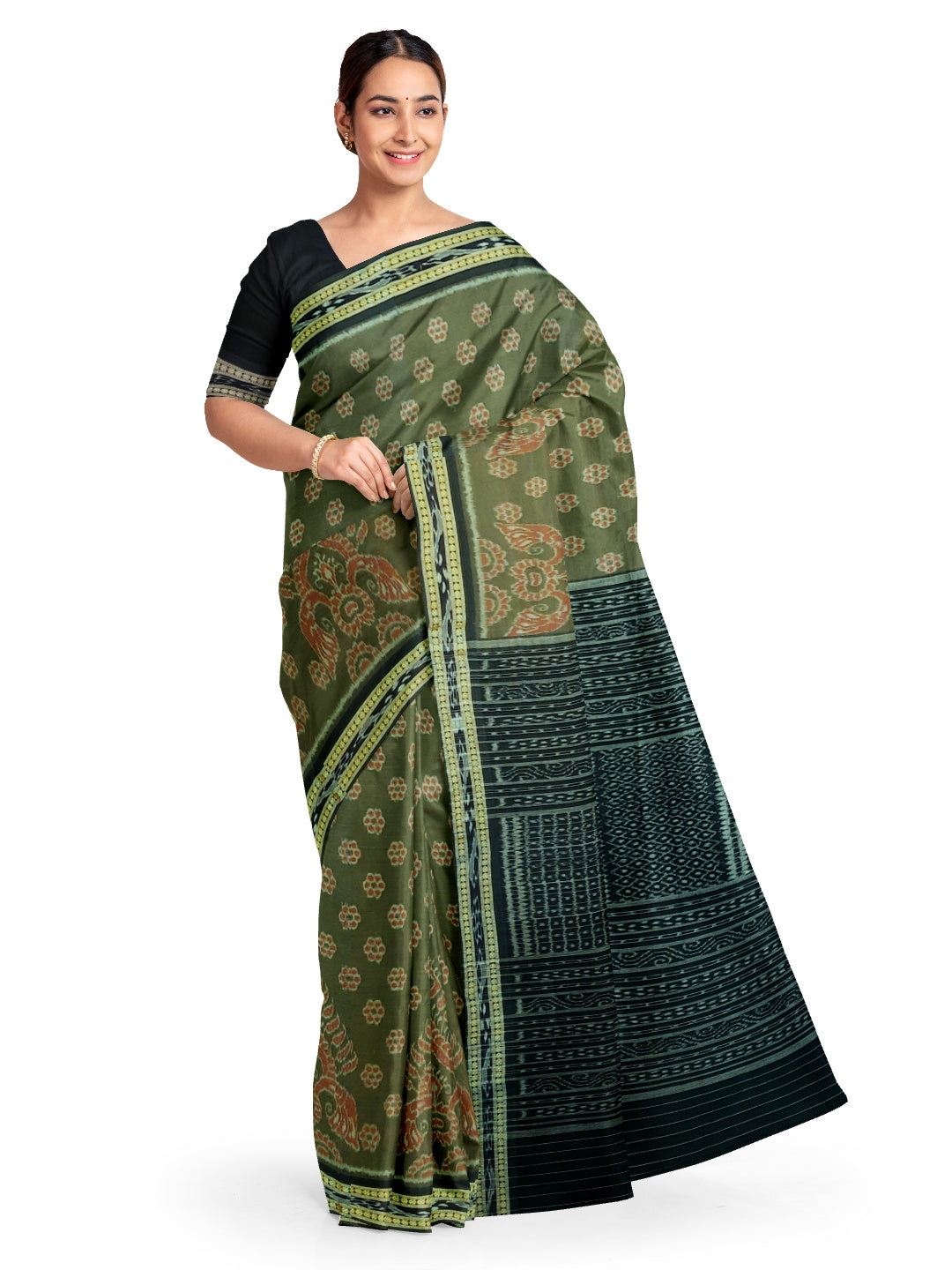 Olive Green Sambalpuri Cotton Saree with running blouse piece