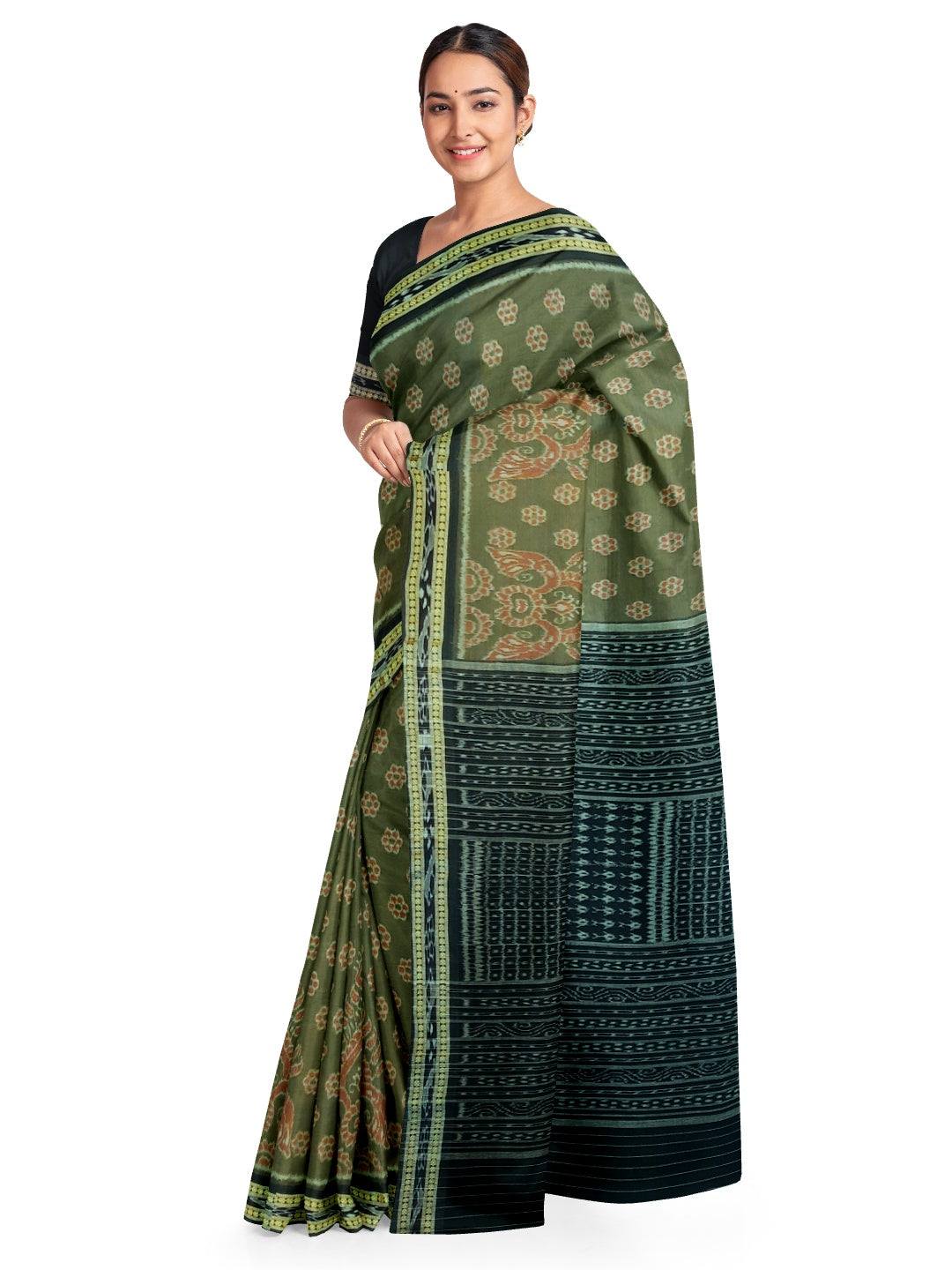 Olive Green Sambalpuri Cotton Saree with running blouse piece