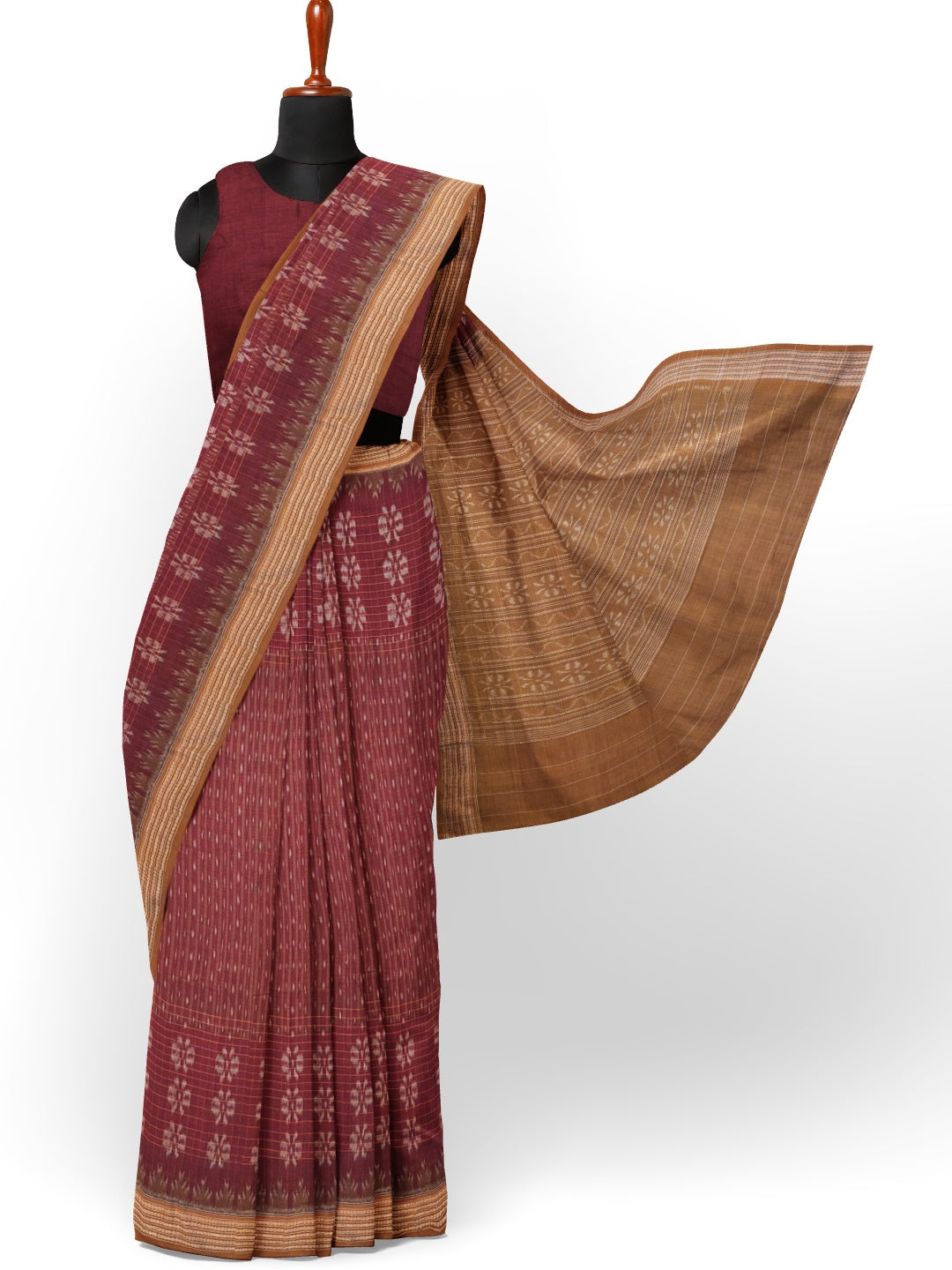 Maroon Sambalpuri Cotton Saree with cotton ikat blouse piece