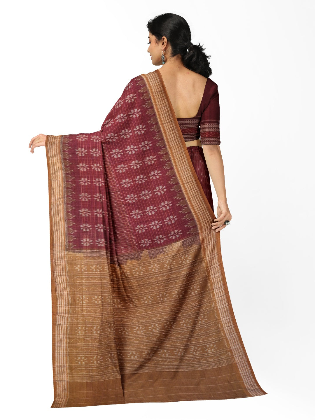 Maroon Sambalpuri Cotton Saree with cotton ikat blouse piece
