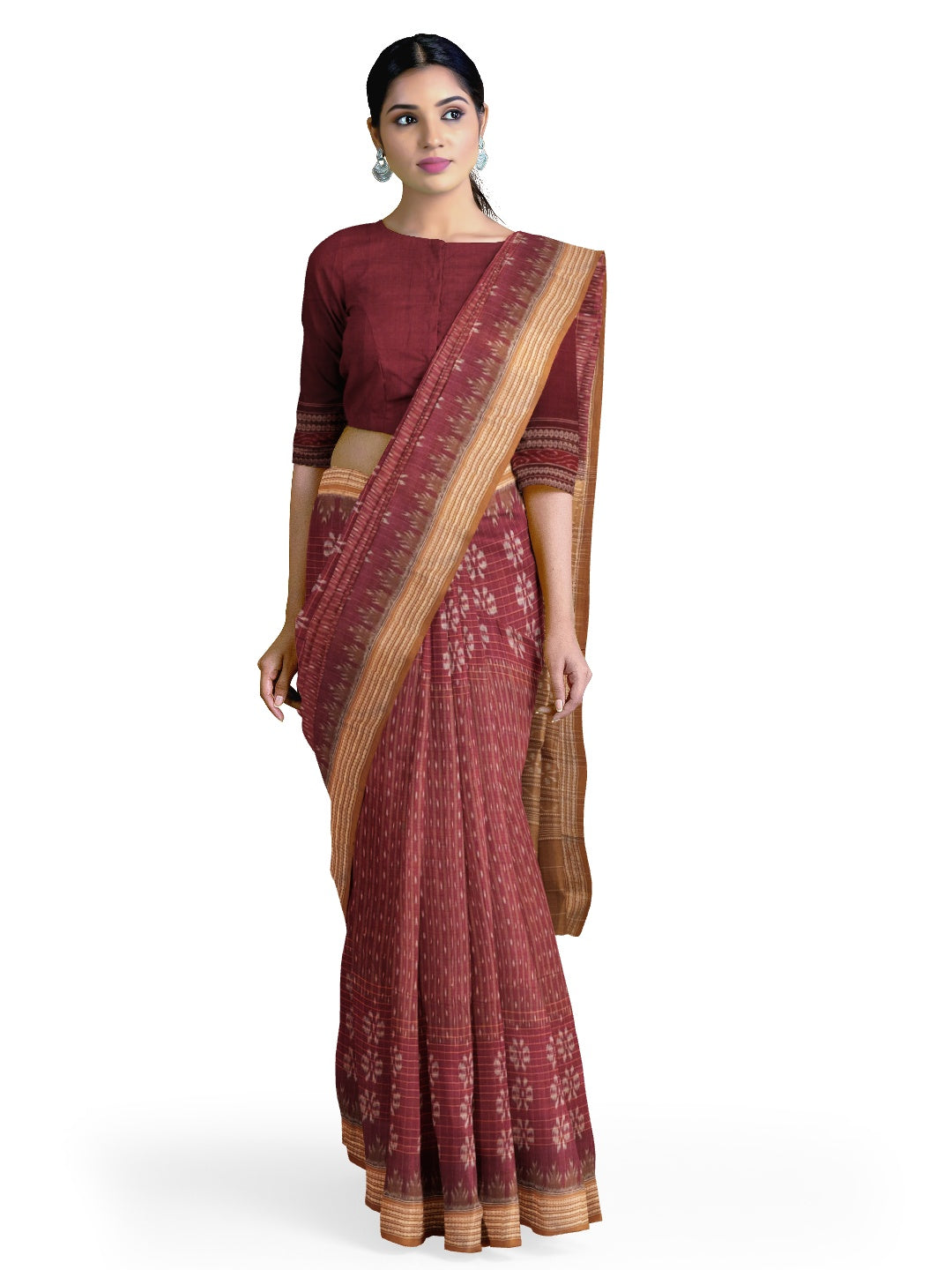 Maroon Sambalpuri Cotton Saree with cotton ikat blouse piece