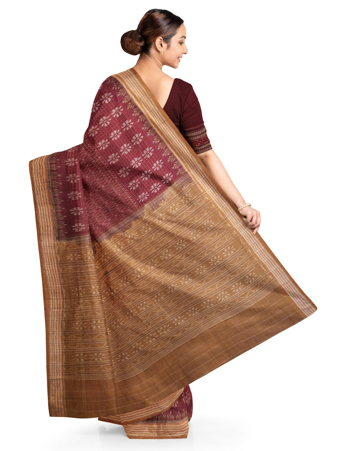 Maroon Sambalpuri Cotton Saree with cotton ikat blouse piece