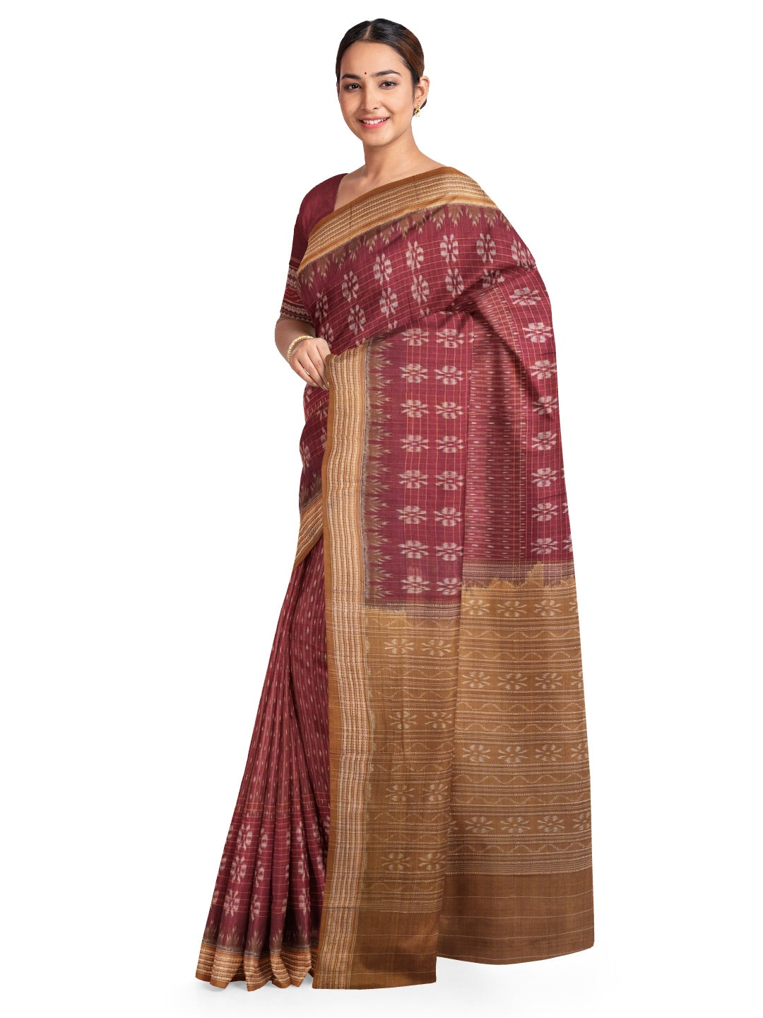 Maroon Sambalpuri Cotton Saree with cotton ikat blouse piece