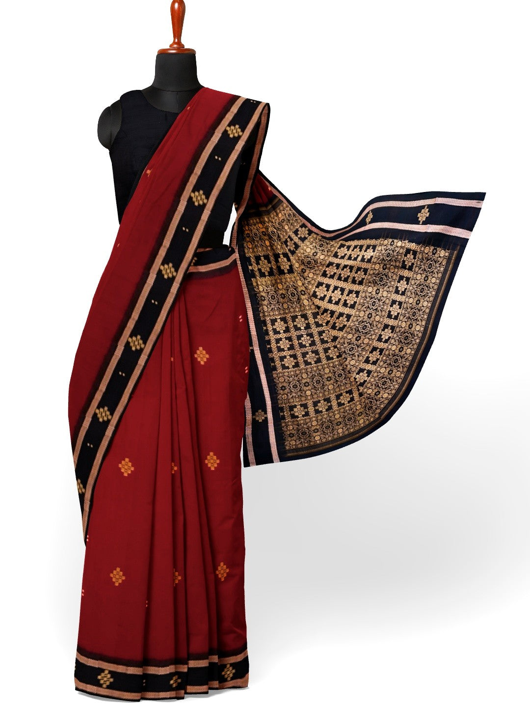 Maroon Sambalpuri Cotton  Bomkai Saree with running blouse piece