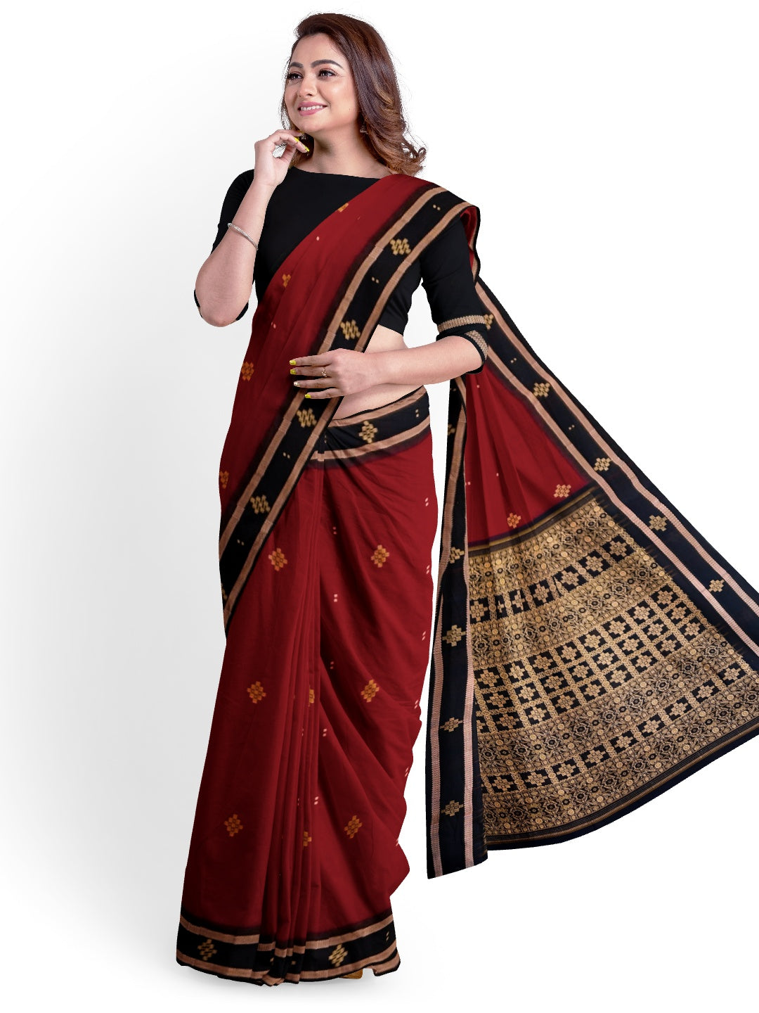 Maroon Sambalpuri Cotton  Bomkai Saree with running blouse piece