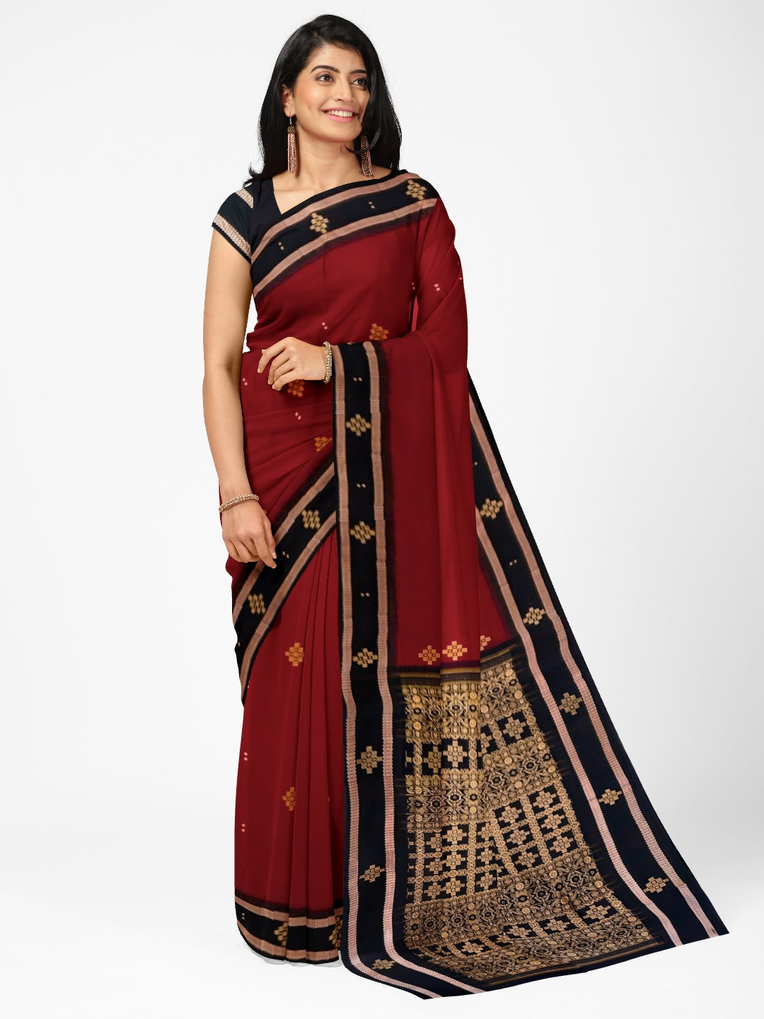 Maroon Sambalpuri Cotton  Bomkai Saree with running blouse piece