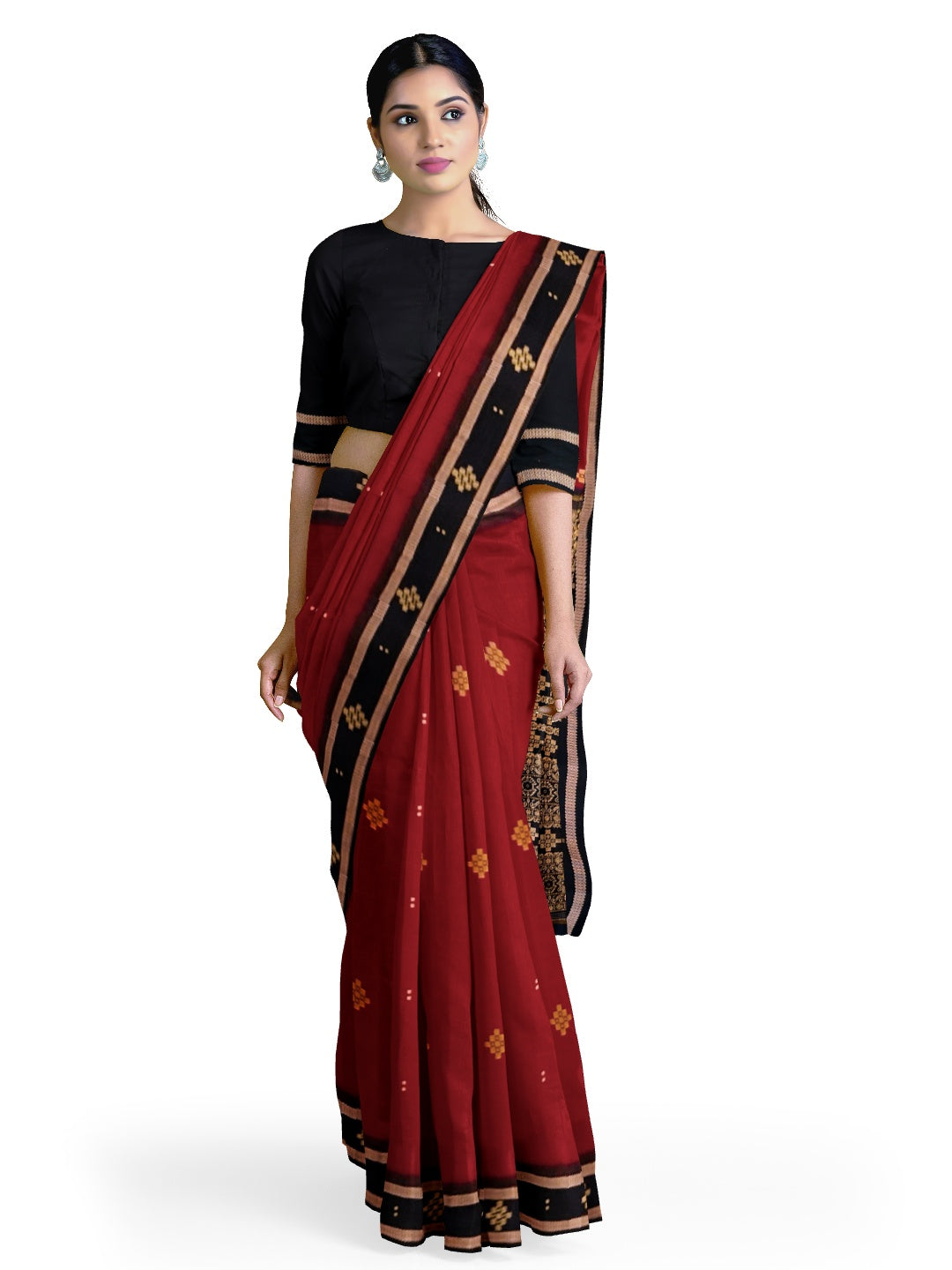 Maroon Sambalpuri Cotton  Bomkai Saree with running blouse piece
