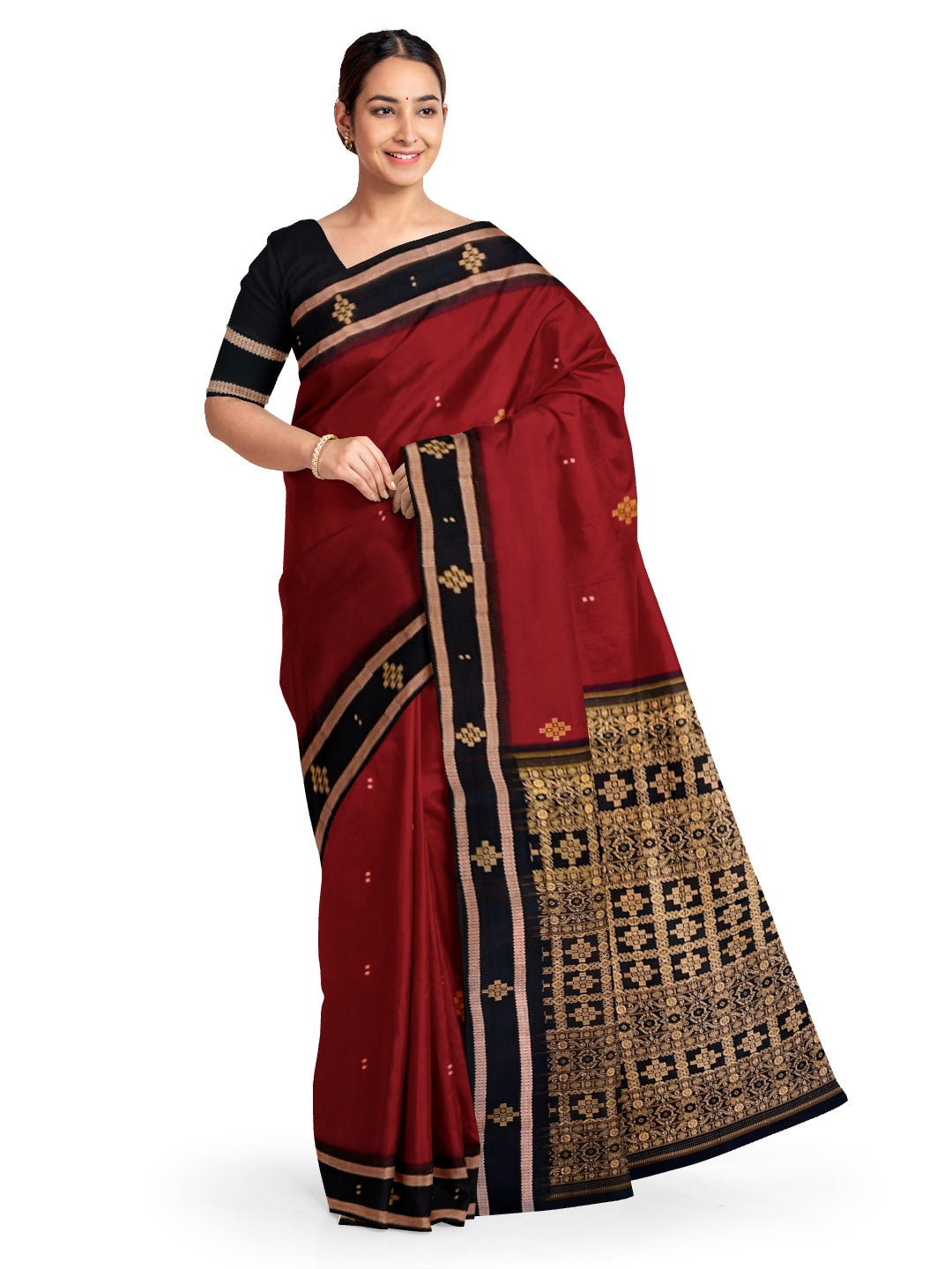Maroon Sambalpuri Cotton  Bomkai Saree with running blouse piece