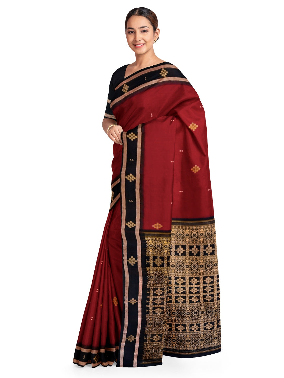 Maroon Sambalpuri Cotton  Bomkai Saree with running blouse piece