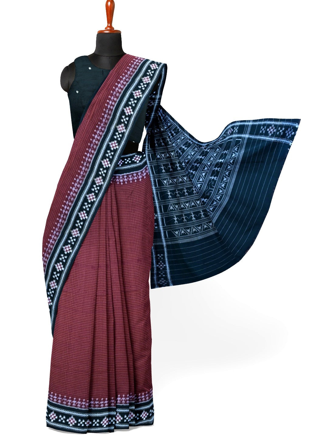 Maroon Sachipar Sambalpuri Cotton Saree with matching blouse piece