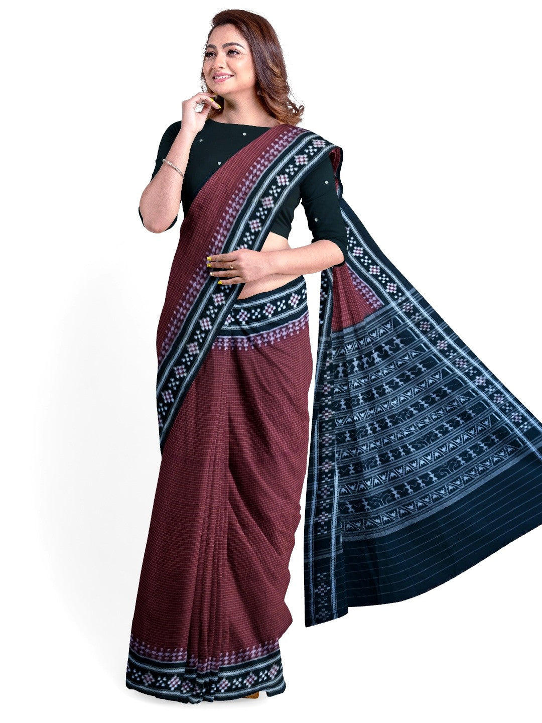 Maroon Sachipar Sambalpuri Cotton Saree with matching blouse piece