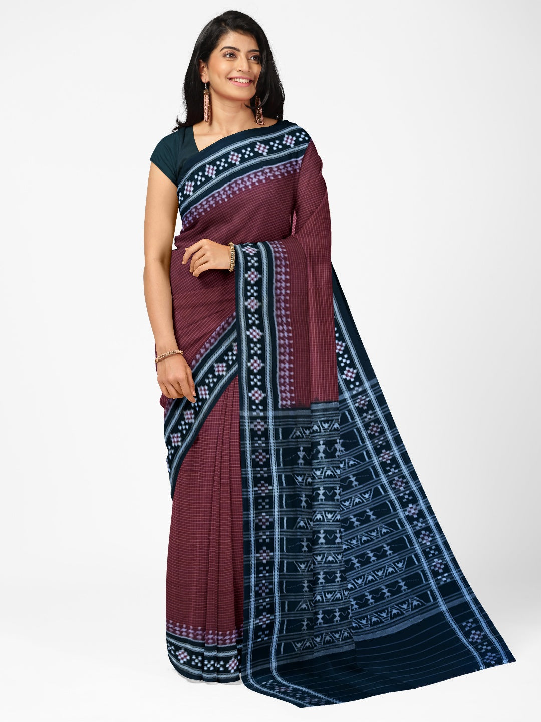 Maroon Sachipar Sambalpuri Cotton Saree with matching blouse piece