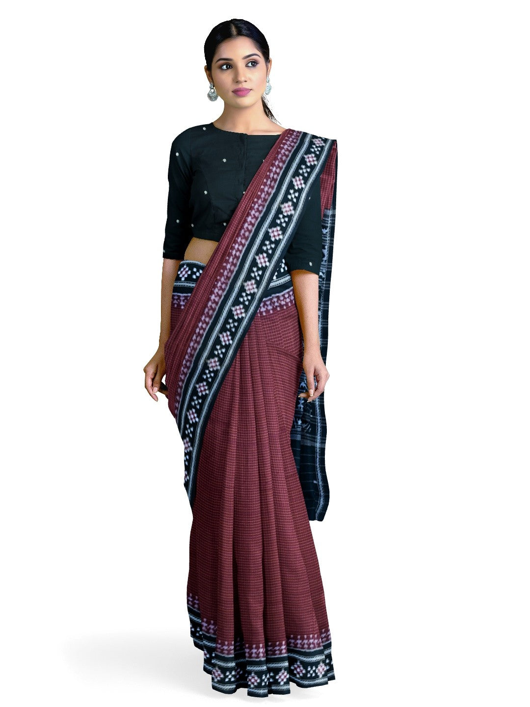 Maroon Sachipar Sambalpuri Cotton Saree with matching blouse piece