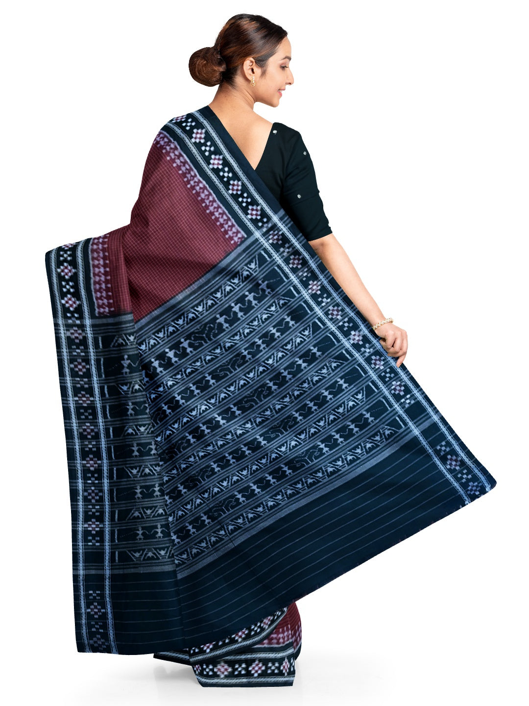 Maroon Sachipar Sambalpuri Cotton Saree with matching blouse piece