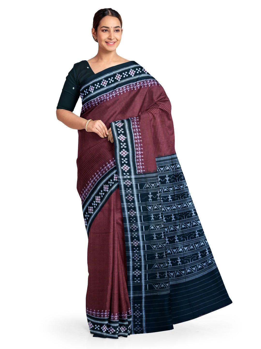 Maroon Sachipar Sambalpuri Cotton Saree with matching blouse piece