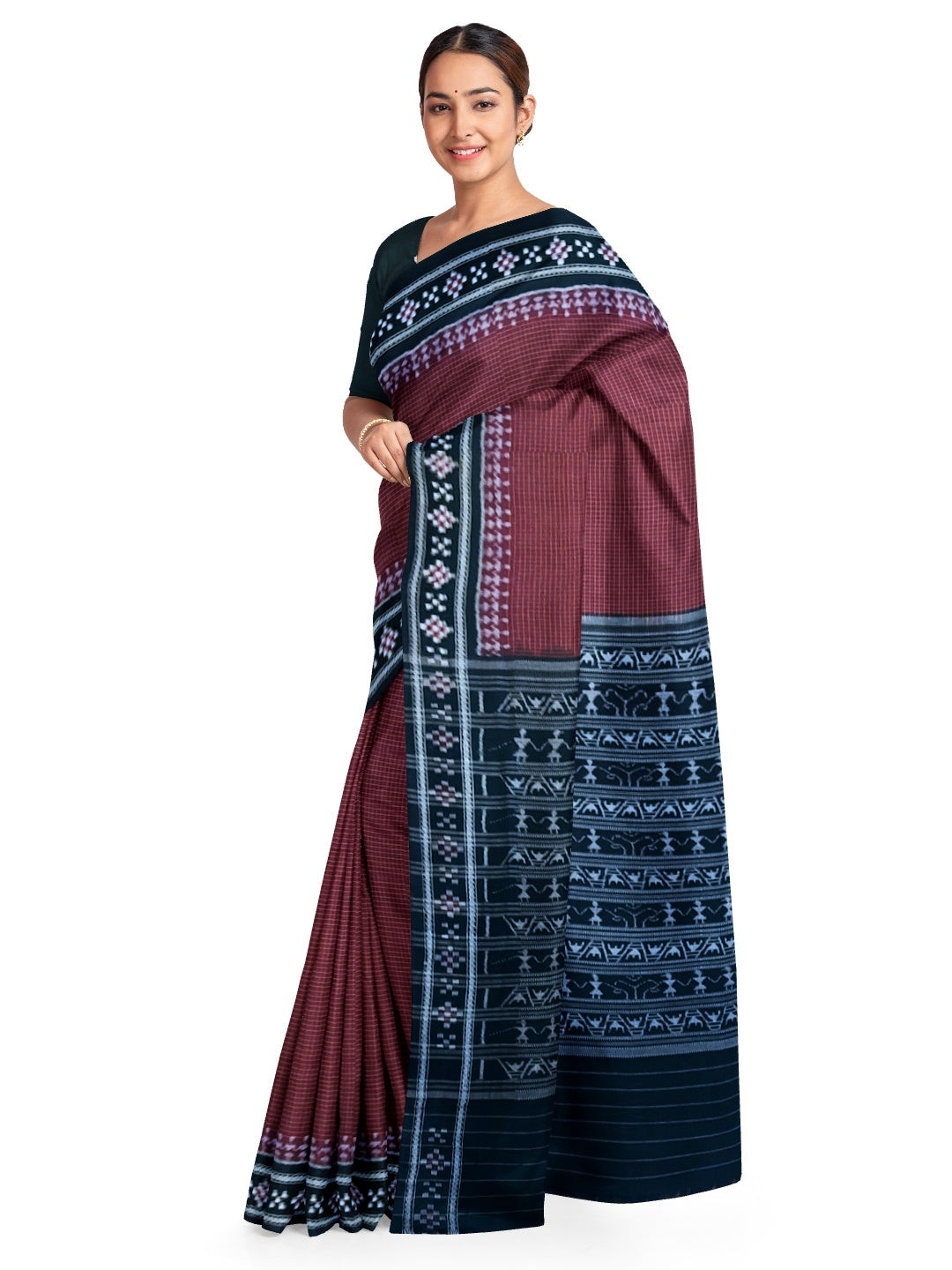 Maroon Sachipar Sambalpuri Cotton Saree with matching blouse piece