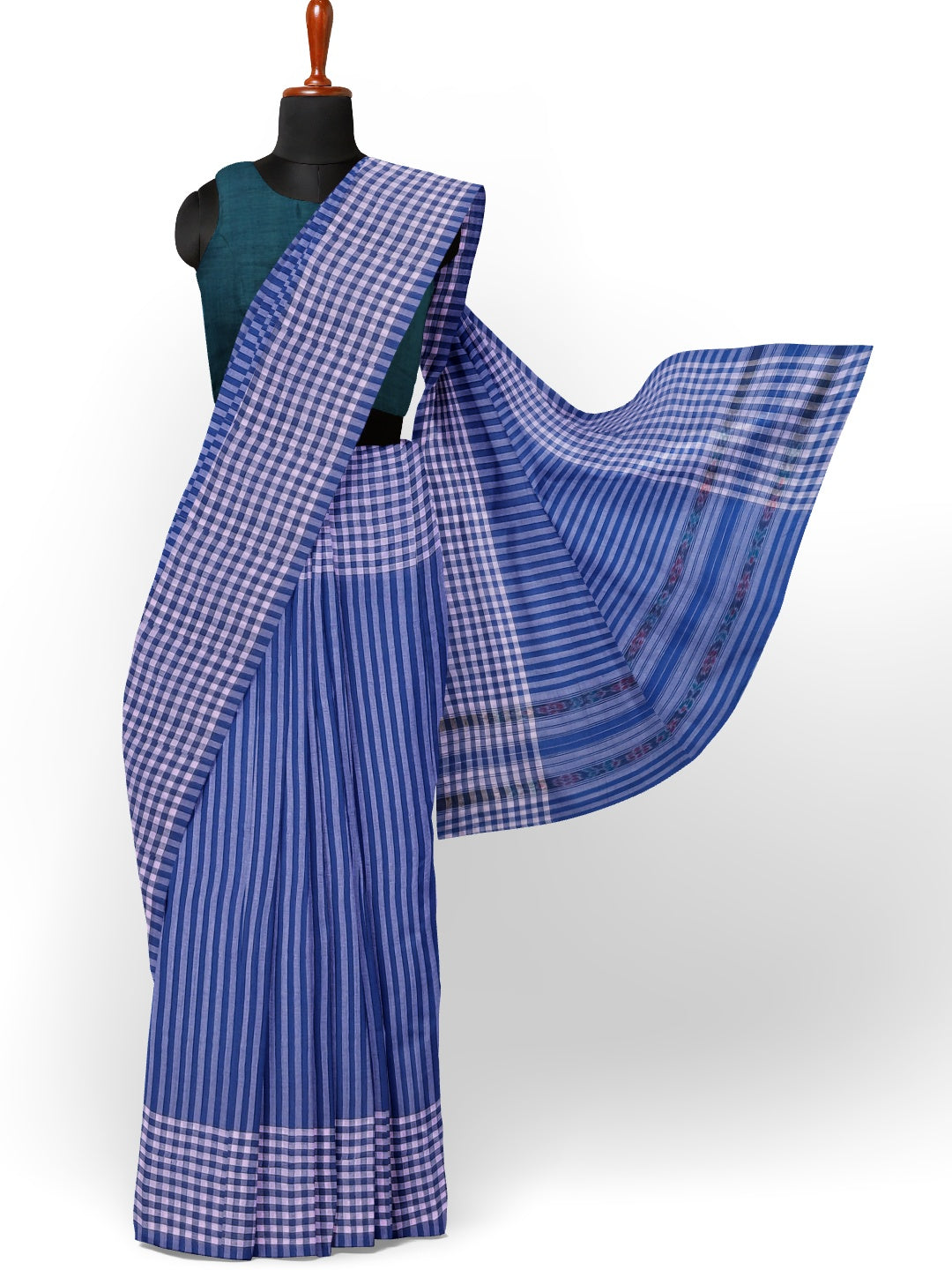 Blue striped body Cotton Odisha Ikat saree with mix match blouse piece