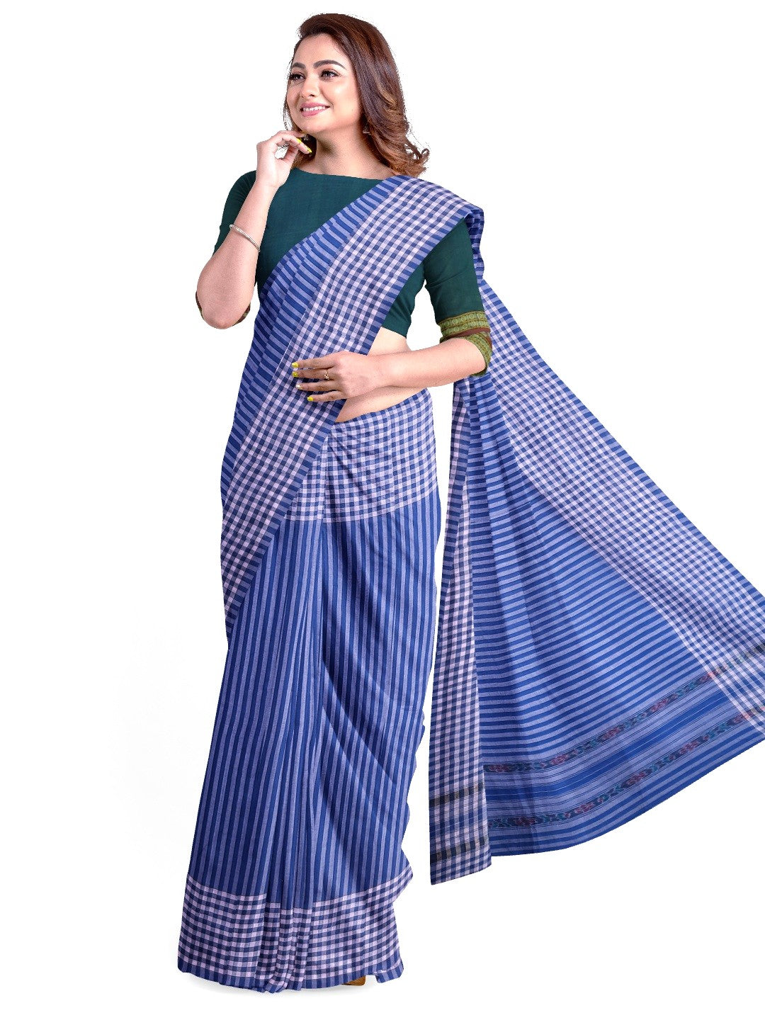 Blue striped body Cotton Odisha Ikat saree with mix match blouse piece