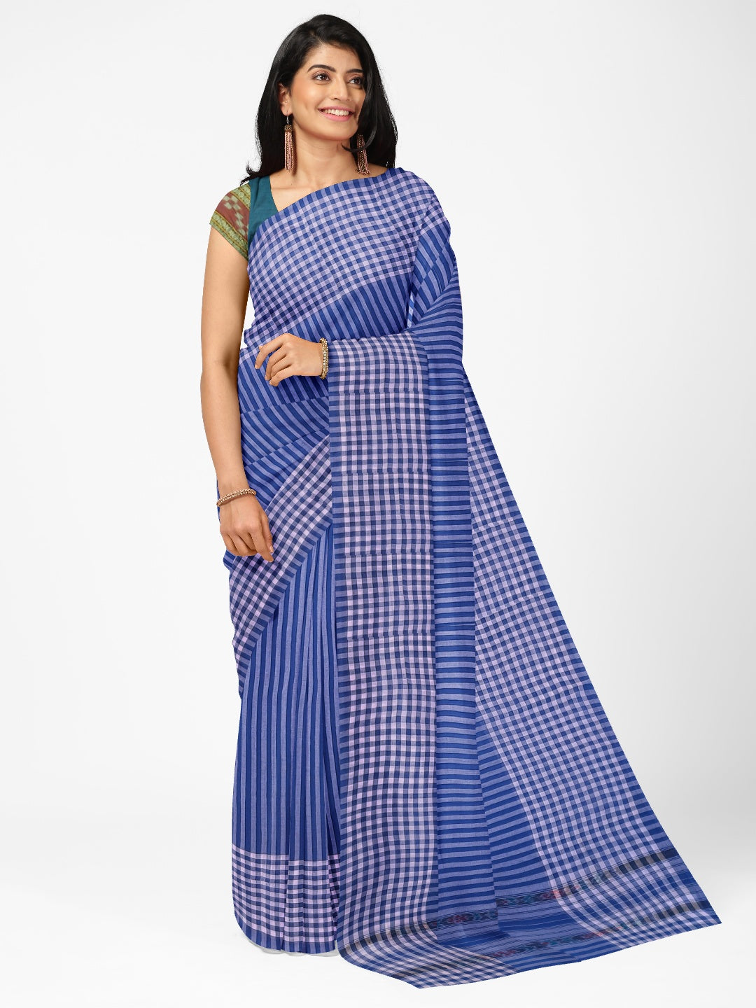 Blue striped body Cotton Odisha Ikat saree with mix match blouse piece