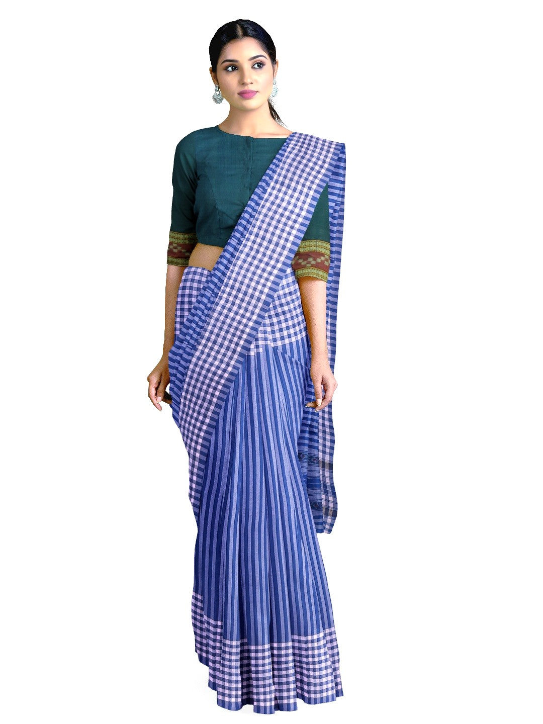 Blue striped body Cotton Odisha Ikat saree with mix match blouse piece