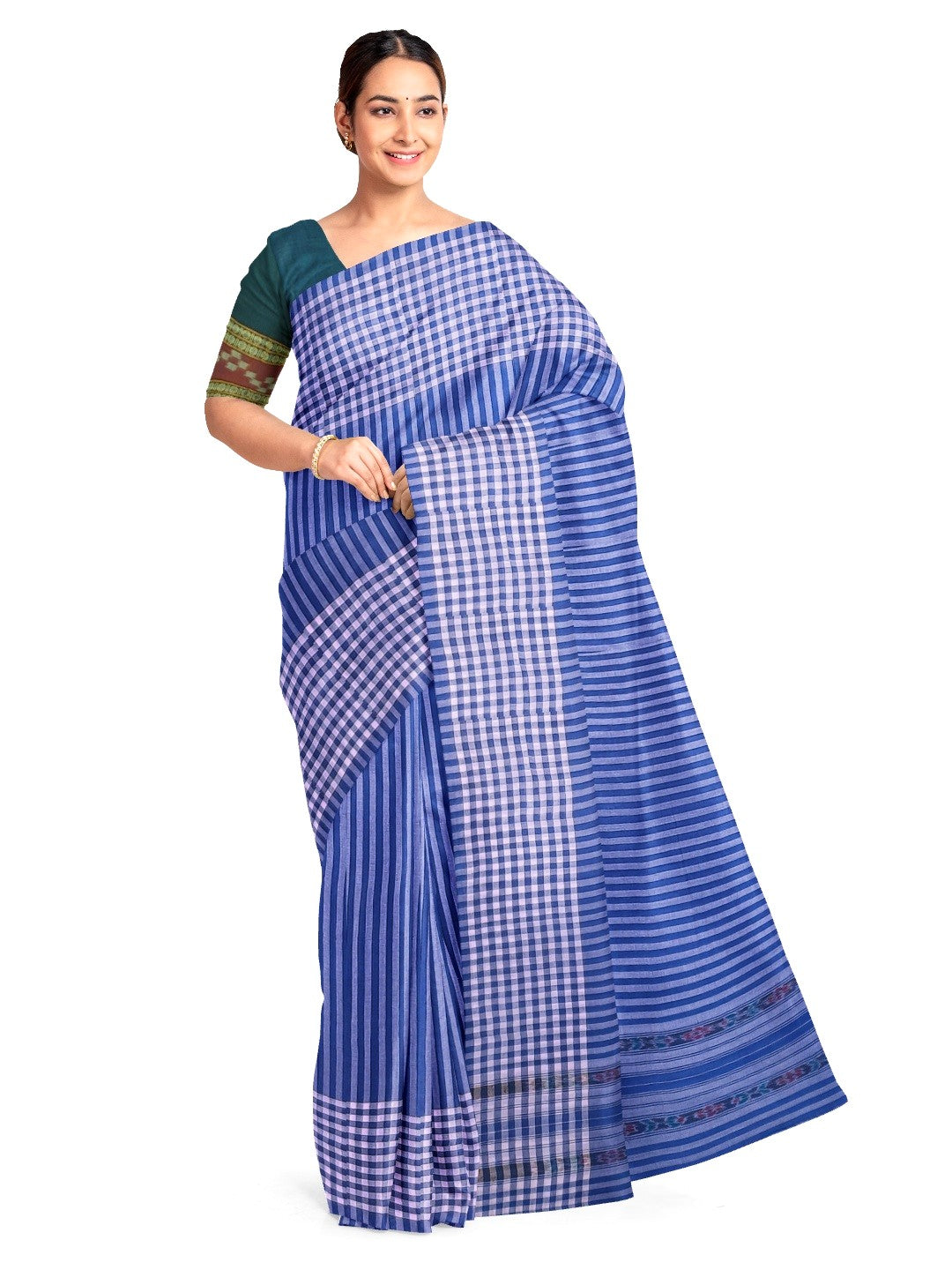Blue striped body Cotton Odisha Ikat saree with mix match blouse piece