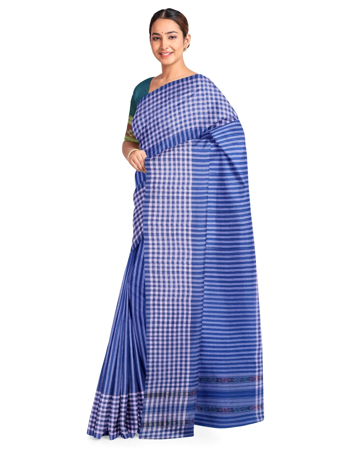 Blue striped body Cotton Odisha Ikat saree with mix match blouse piece