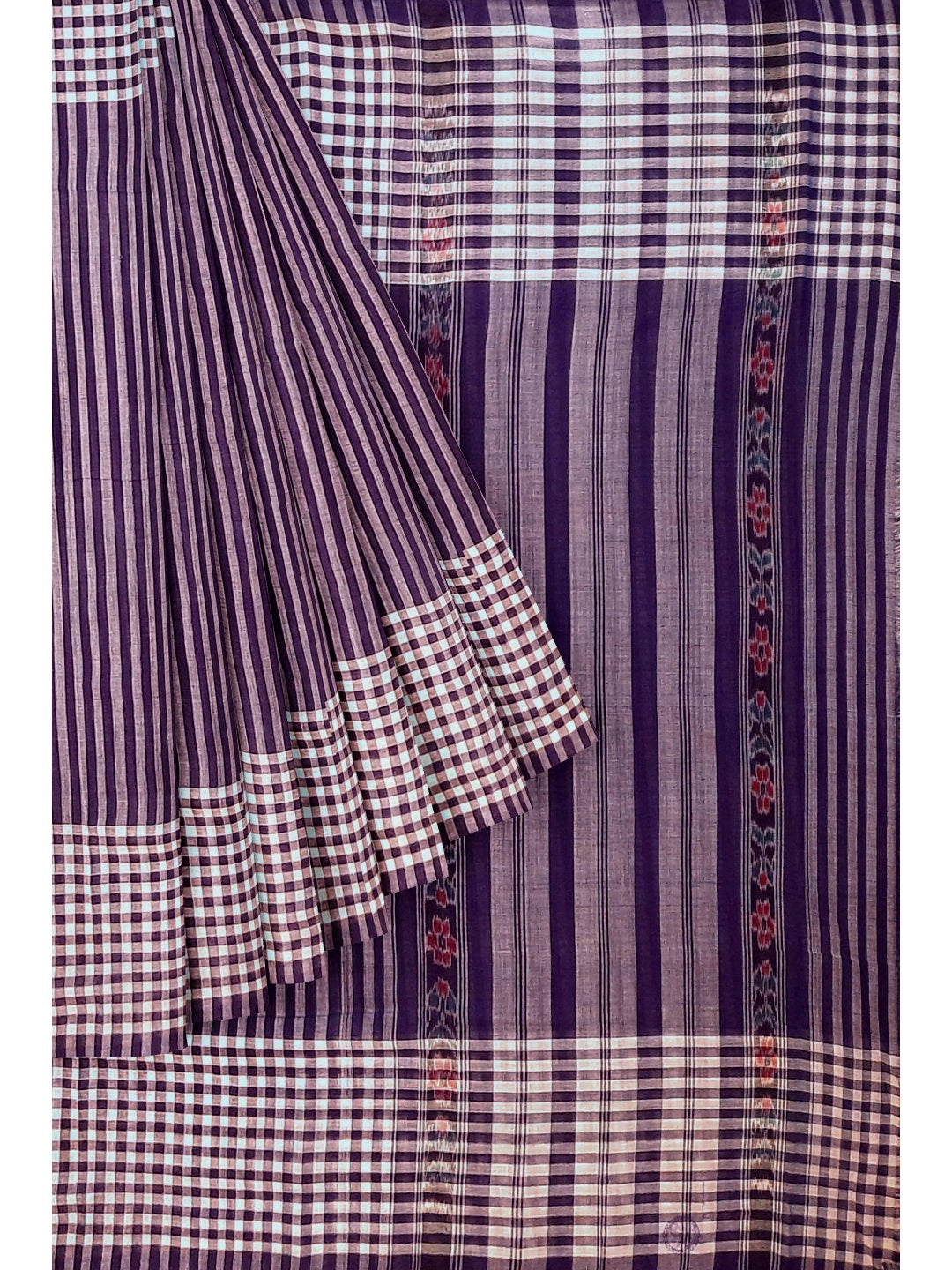 Purple with White striped Cotton Odisha Ikat saree with mix match blouse piece