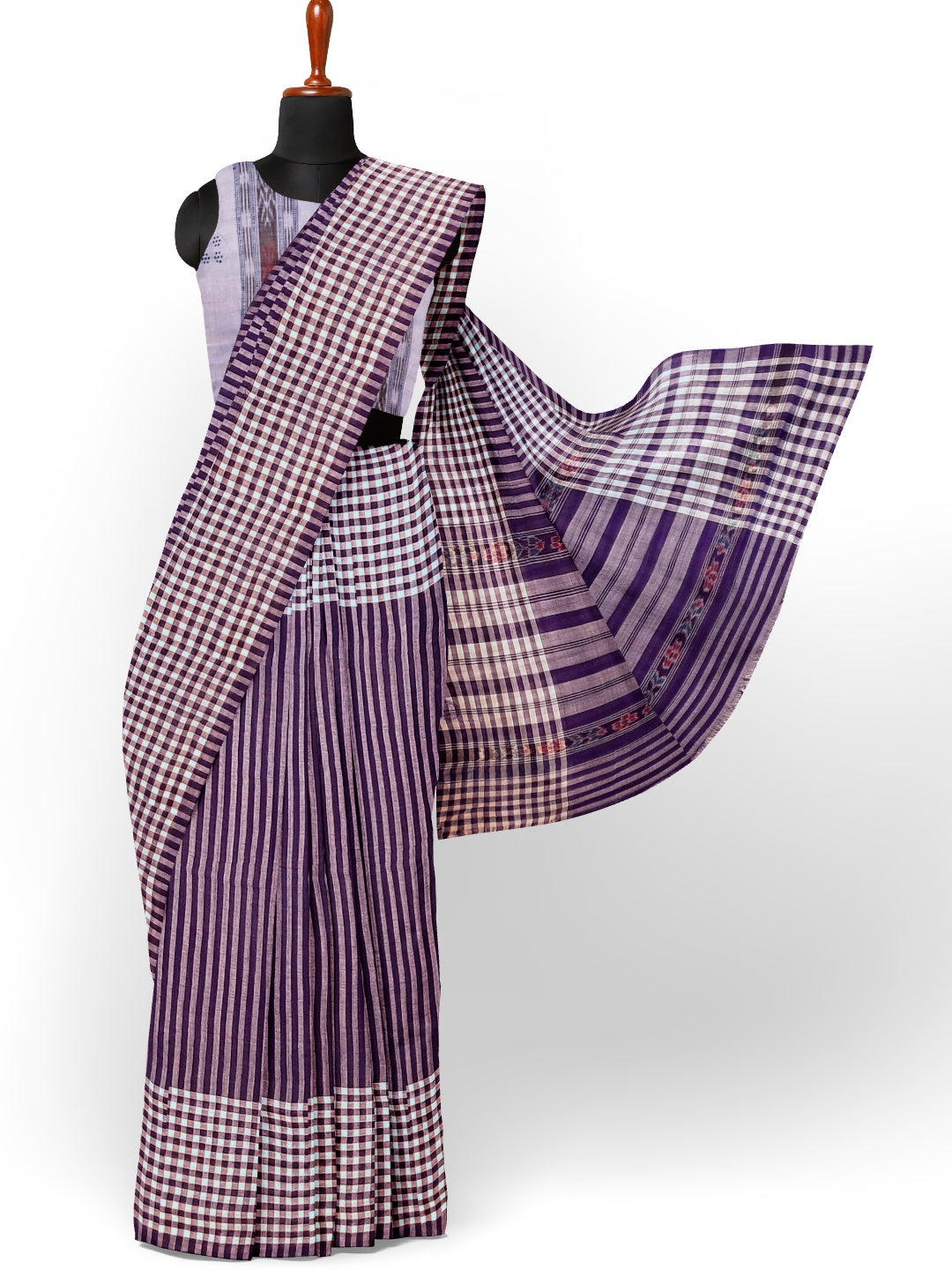 Purple with White striped Cotton Odisha Ikat saree with mix match blouse piece