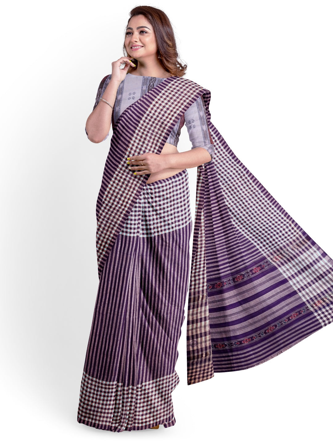 Purple with White striped Cotton Odisha Ikat saree with mix match blouse piece