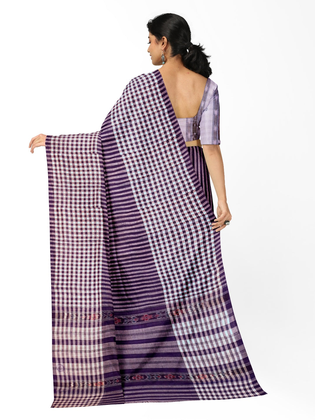 Purple with White striped Cotton Odisha Ikat saree with mix match blouse piece
