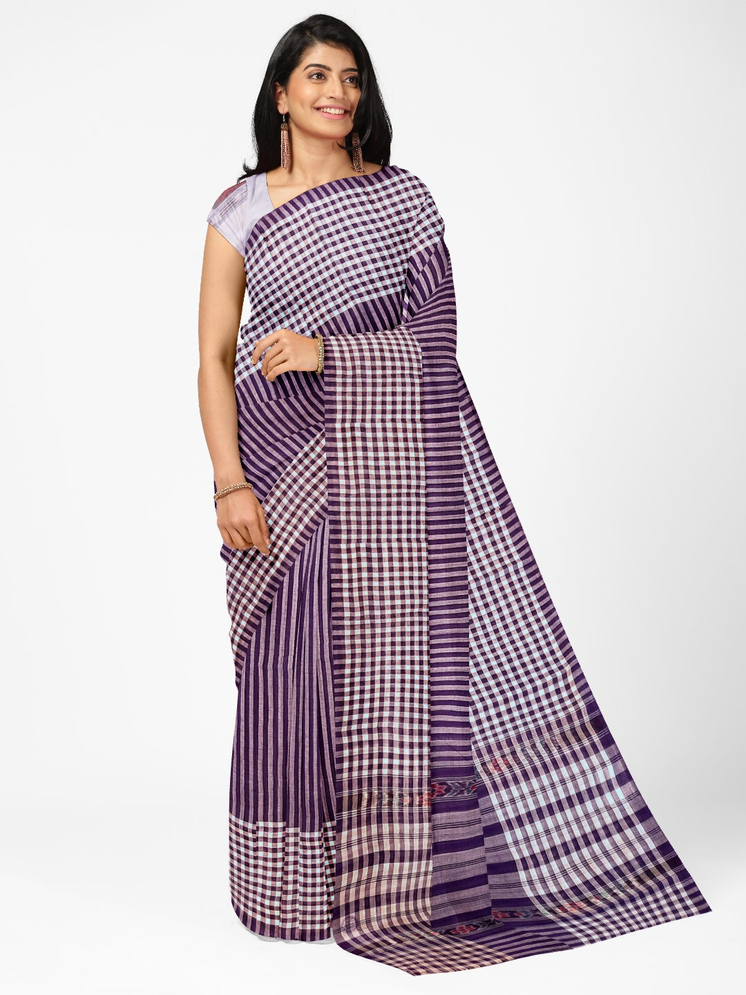 Purple with White striped Cotton Odisha Ikat saree with mix match blouse piece