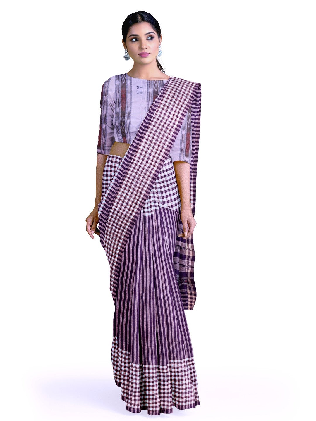 Purple with White striped Cotton Odisha Ikat saree with mix match blouse piece