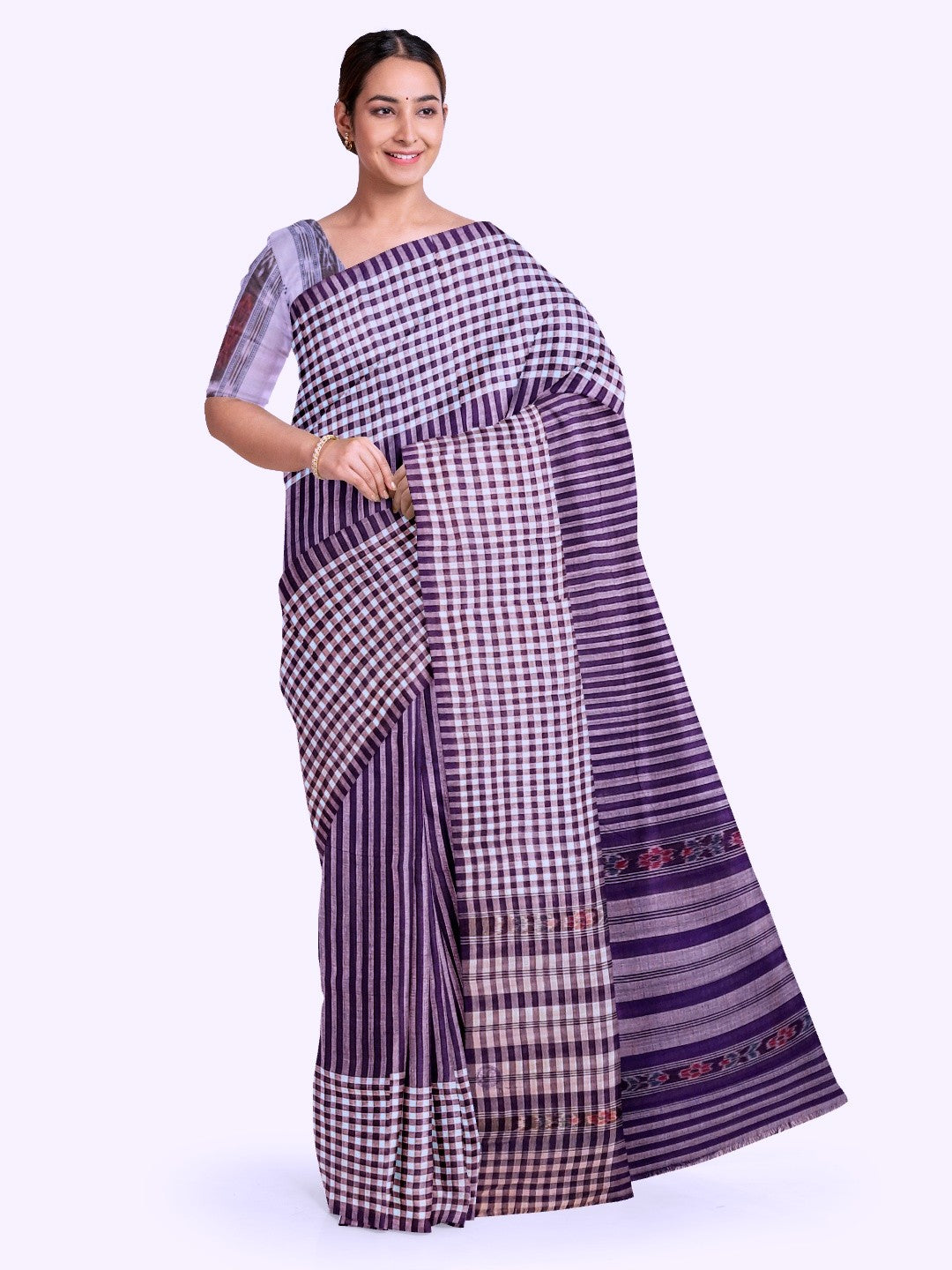 Purple with White striped Cotton Odisha Ikat saree with mix match blouse piece