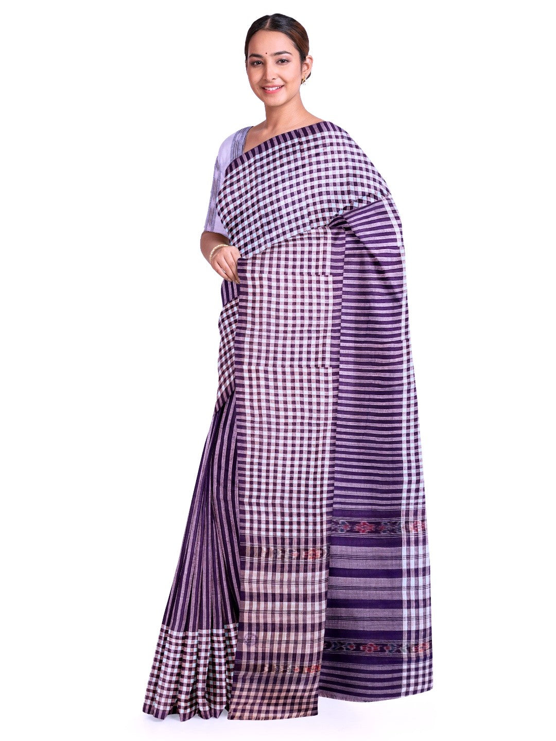 Purple with White striped Cotton Odisha Ikat saree with mix match blouse piece
