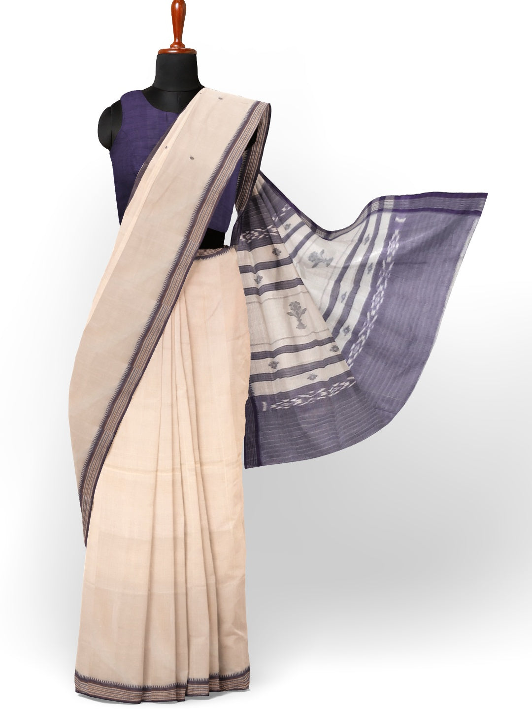 White Cotton Odisha Ikat saree  with mix match cotton ikat blouse