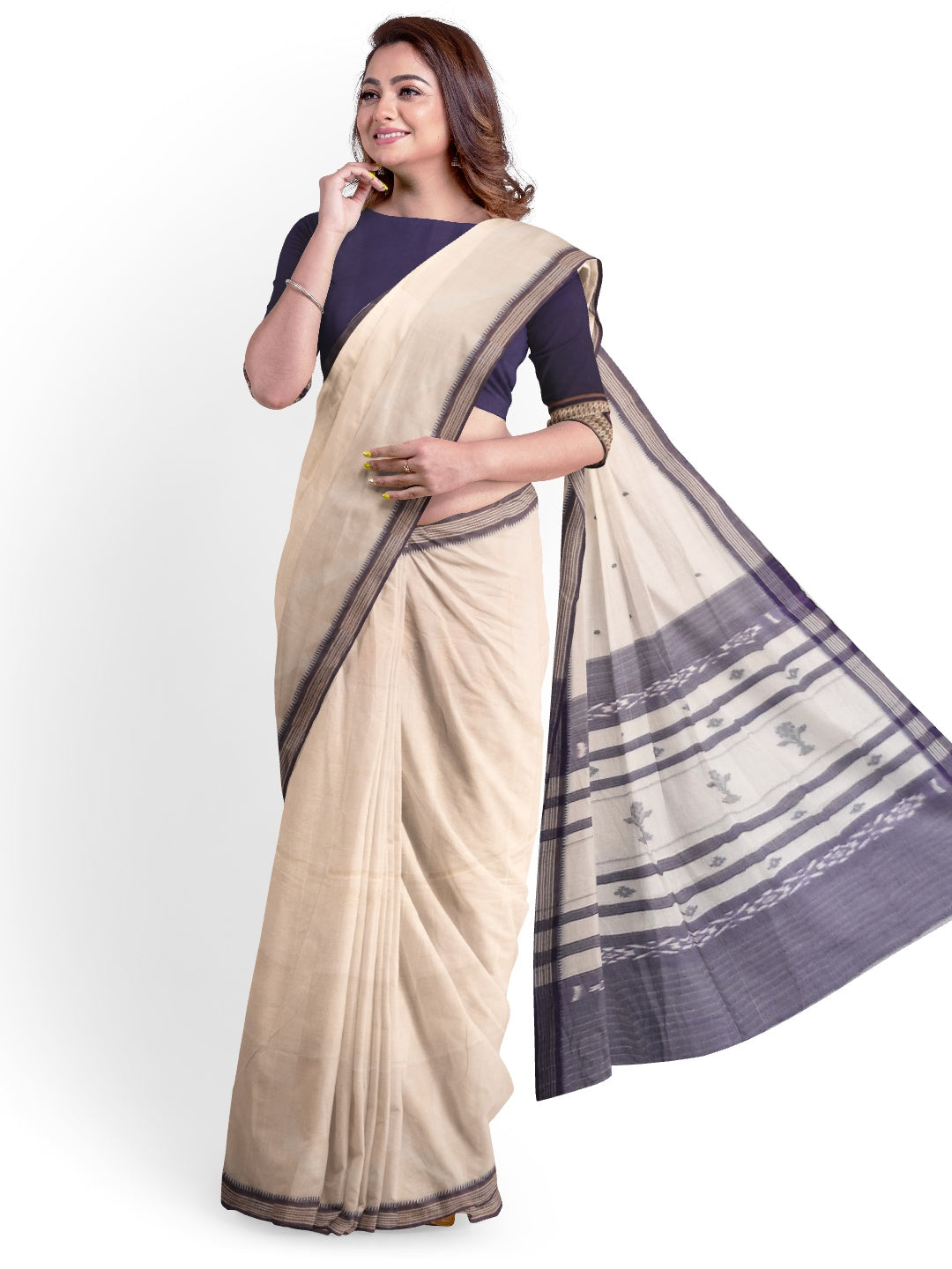 White Cotton Odisha Ikat saree  with mix match cotton ikat blouse